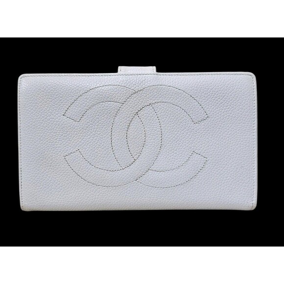 Chanel White French Wallet Caviar Pebbled Leather Kiss Lock CC Bifold Flap COCO - Picture 1 of 16